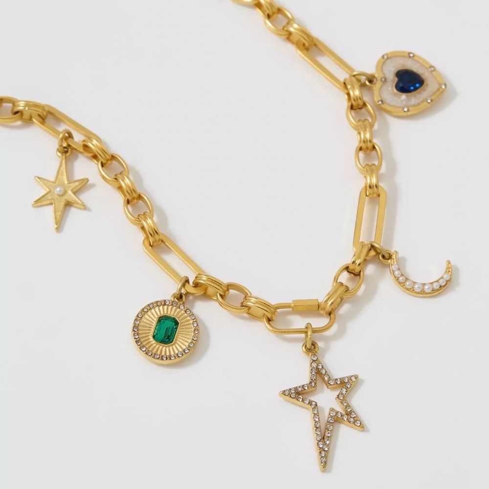 AERIE Chunky Chain Link Charm Necklace Gold Tone Heart Moon Stars Circle Jewels